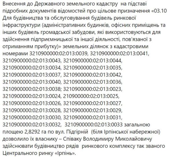 Бізнесово-родинне оточення екс-мера Ірпеня Карплюка підробило документи, щоб побудувати ринок на заплаві